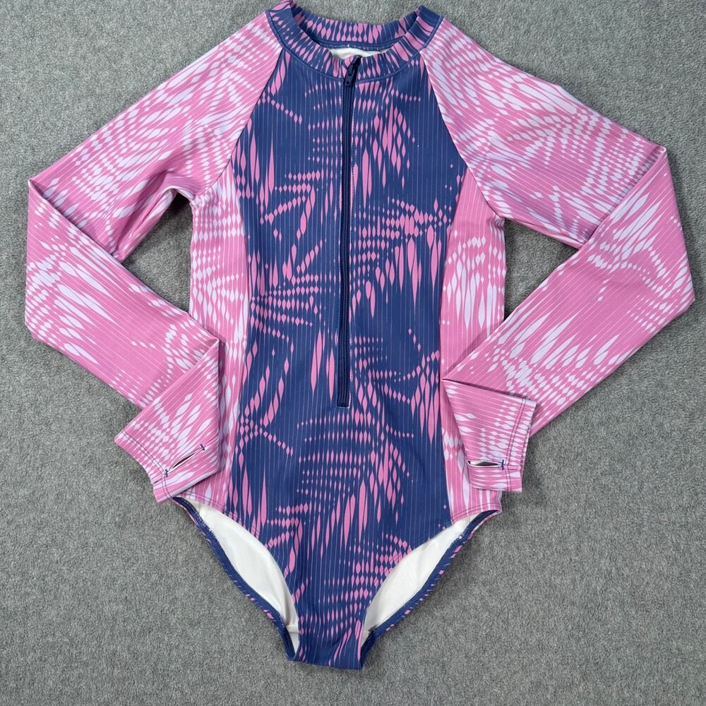 Zella Girls Size 12 Long Sleeve One Piece Swimsuit Zip Up Pink/Blue High Neck